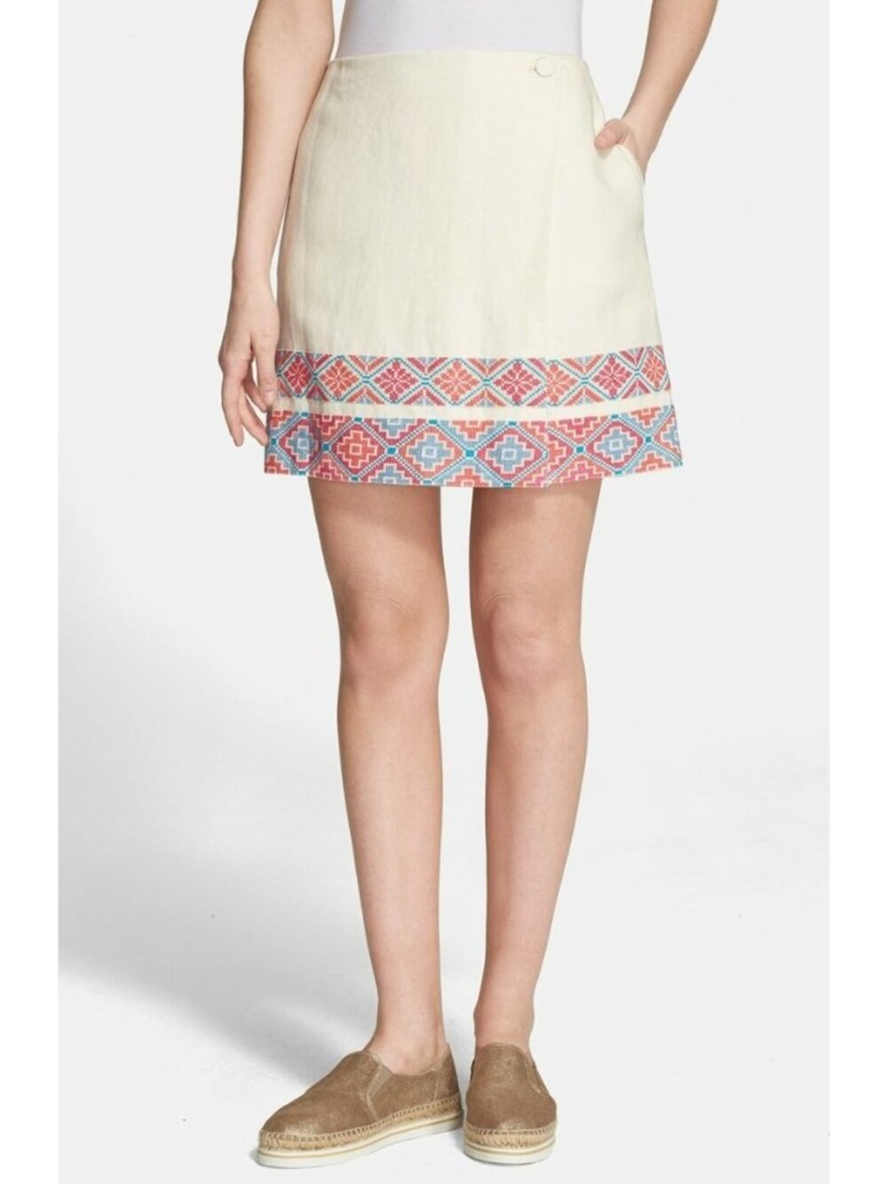 Tory Burch Womens Skirt 4 Ivory 100% Linen Ruby Embroidered Faux Wrap